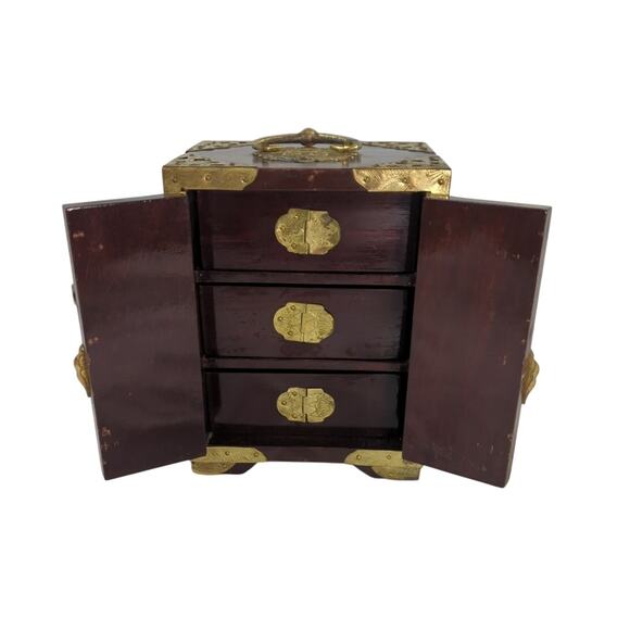 Vintage Chinese Jewelry Box Cabinet Hand Painted Panels Brass Trim - Picture 3 of 10